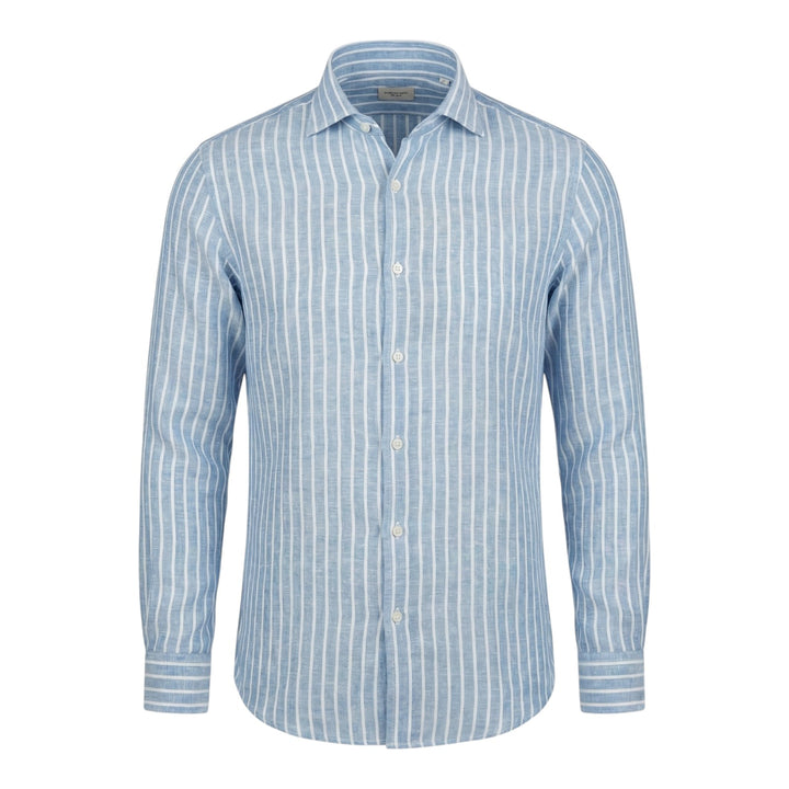 Langærmet skjorte Custom Fit 100% hør Stribet Blå-Hvid Washed