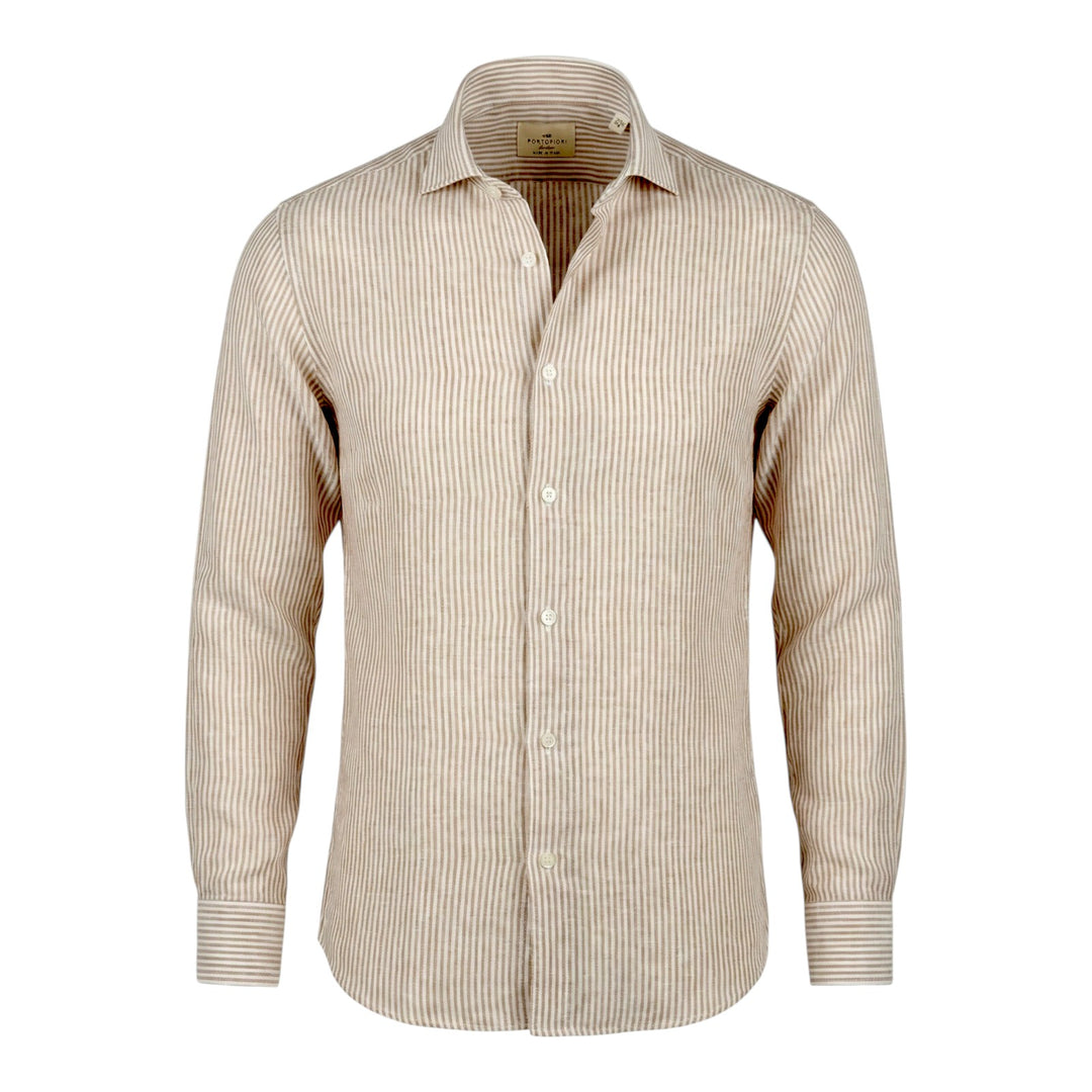 Langærmet skjorte Custom Fit 100% hør stribet beige-hvid Washed