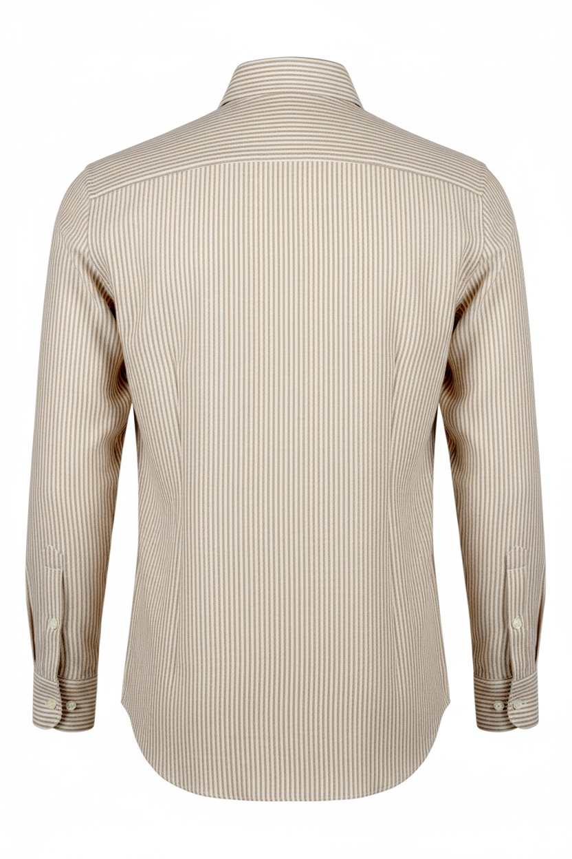 Langærmet skjorte Custom Fit 100% hør stribet beige-hvid Washed