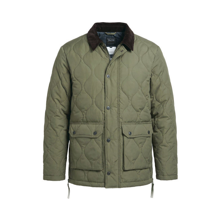 Military Bal Collar Down Jacket in tessuto trapuntato verde Taion, vista frontale
